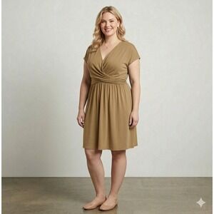 Of Mercer Dress Women XL Tan V-Neck Wrap Front Short Sleeve NEW